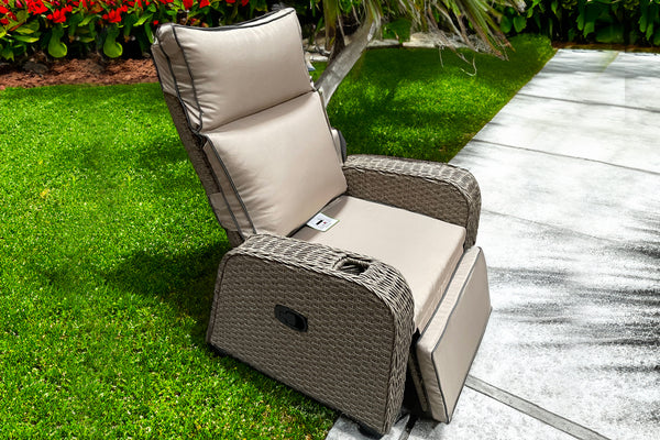 RATTAN RECLINER WICKER GARDEN OUTDOOR SUN LOUNGER LAZYBOY FURNITURE PATIO GREY